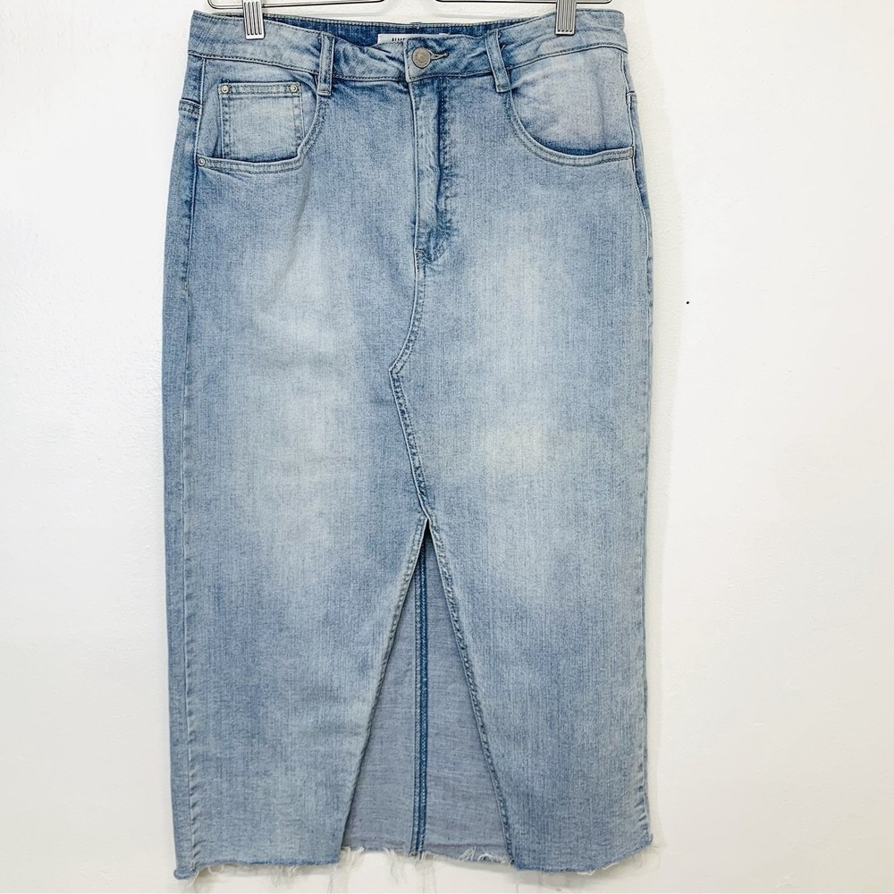 Almost Famous Midi Denim Skirt Large Mid Rise Blue Light Wash Front Slit Western